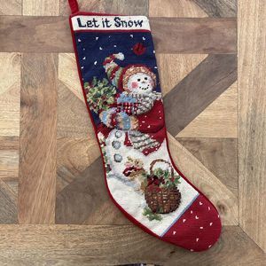 19” Needlepoint Wool Red Velvet Christmas Stocking Let It Snow Snowman Bunny